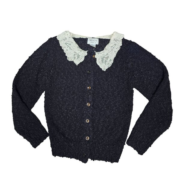 Vintage Crystal Sportswear Ltd Black Cardigan With Lace Collar Size S - Picture 1 of 6